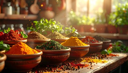 Vibrant arrangement of spices in bowls, illuminated by warm sunlight streaming through a window
