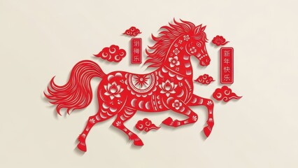 Chinese new year 2026. Red paper cut horse with traditional greetings and intricate floral patterns. Cultural celebration artwork.