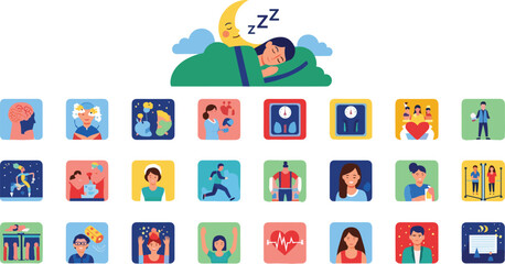 Fototapeta premium Healthy lifestyle icons collection with sleeping person illustration representing wellness habits self care mental health fitness routines and daily balance concept