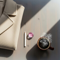 Aesthetic winter fashion toolkit featuring a cream coat, graphic white eyeliner, iridescent pink pigment, and hot coffee under direct sunlight.