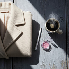 High-angle flat lay of winter essentials: a cream wool coat, white eyeliner, pink shimmer, and steaming coffee on frosted wood with sharp shadows.