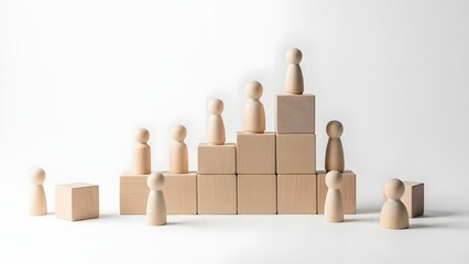 Wooden figures arranged on ascending blocks, symbolizing career growth, hierarchy, and business success