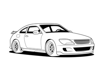 Naklejka premium Clean black and white sport coupe car outline with detailed line art, side perspective view, ideal for automotive design, transport themes, branding, and editorial use, scalable vector format.