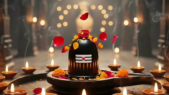 Maha shivaratri spiritual shivling ritual with floating petals glowing lamps and calm temple ambience for hindu devotion meditation festival visuals