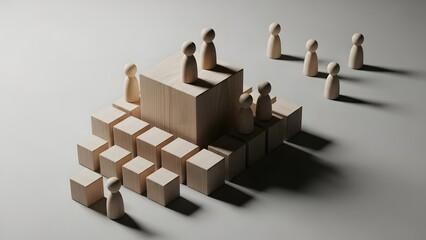 Wooden figures representing a hierarchy and organization, arranged on a tiered structure with shadows