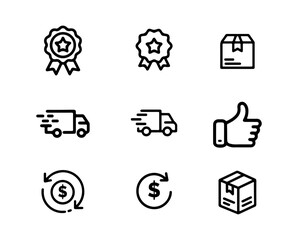 E-commerce shopping line icon set featuring shipping, quality guarantee, and money-back symbols