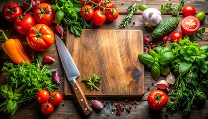 A vibrant arrangement of fresh vegetables and herbs on a wooden cutting board with a knife