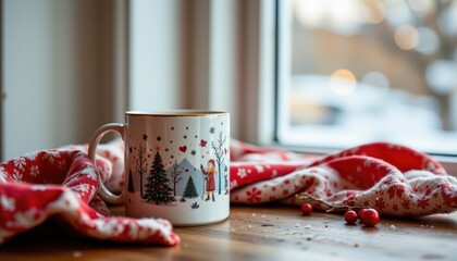 Cozy Winter Morning: Ceramic Mug and Festive Scarf on a Wooden Table in Soft Natural Light, Ideal for Seasonal Mockups