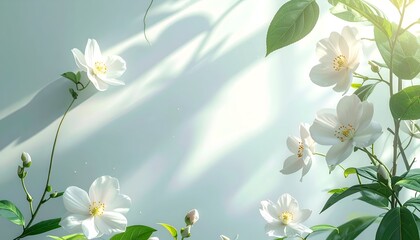 Delicate white flowers with verdant leaves basking in soft sunlight against a calming backdrop