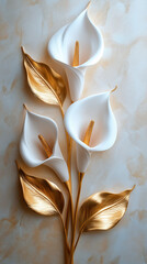 Golden Calla Lilies with Stucco Stems and Leaves An elegant 3D floral background. Elegant 3D Floral Background. Generative AI