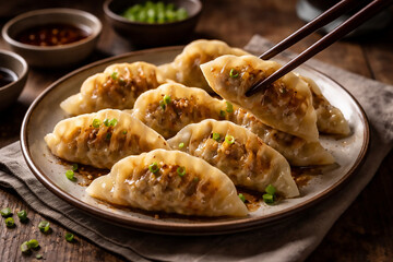 Jiaozi Dumplings with Chopsticks on Rustic Table Food Close-Up