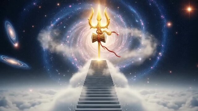 Maha shivaratri cosmic spiritual journey with trishul above clouds galaxy light and celestial atmosphere for hindu devotion meditation and divine visuals