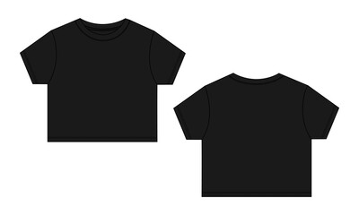 T shirt technical drawing fashion flat sketch vector illustration black color template for kids