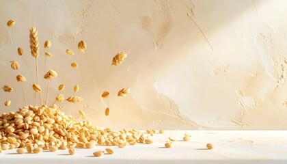 A serene arrangement of golden wheat grains cascading from a mound against a light backdrop