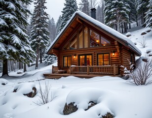 Cozy Winter Cabin in Snowy Mountain Forest, Serene Retreat, Log Home in Winter Wonderland, Chalet in Snow, Copy Space