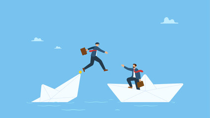 Businessman risk their life to help his partner from sinking boat. Trusted business partner to help and support in economic crisis or team and partnership to offer solution.