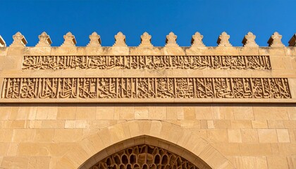 Obraz premium Ornate Islamic stone architecture featuring intricate carved Arabic calligraphy panels and traditional crenellations under a clear blue sky