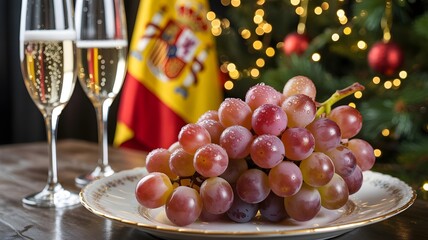 Festive Toast: Sparkling champagne glasses gleam beside a cluster of grapes and a patriotic flag, set against a backdrop of festive lights and decorations. It's a celebratory moment.