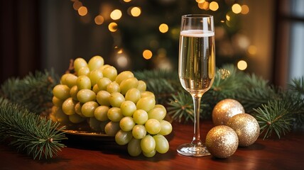 Festive Toast: A delicate flute of champagne and fresh grapes, symbols of celebration and joy, grace a beautifully adorned table, complete with evergreen sprigs and golden ornaments in the background.