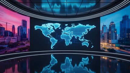Global News Studio: A state-of-the-art news studio is illuminated with vibrant displays showcasing a world map, city skylines. The scene exudes professionalism, making it ideal for broadcasting news.