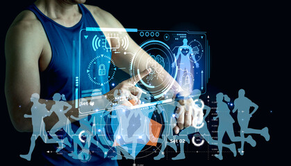 Male athlete using futuristic smartwatch with AI hologram interface monitoring health data and running performance.