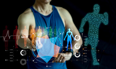 Male athlete using futuristic smartwatch with AI hologram interface monitoring health data and running performance.