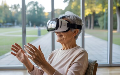 VR Experience: An older woman with silver hair experiences immersive reality, engaging with the virtual world with joy and fascination.