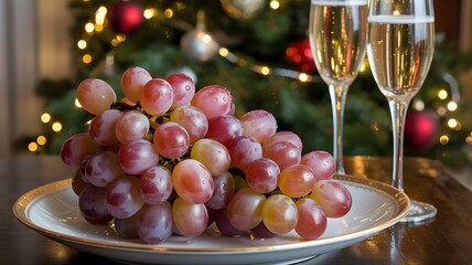 Festive Feast: Champagne Glasses and Grapes by Christmas Tree, a celebratory spread of grapes and champagne flutes beside a decorated Christmas tree, evoking festive cheer and seasonal delight.