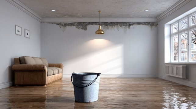 A bucket is sitting on the floor in a room with a couch and a light fixture. The room appears to be damp and in need of repair