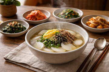 Korean Tteokguk Rice Cake Soup with Side Dishes on Table