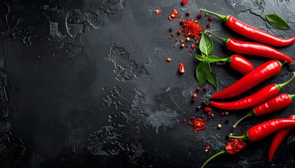 A vibrant arrangement of red chili peppers on a dark textured background with spices