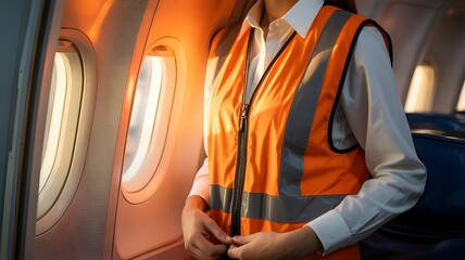 Flight Safety Professional: A focused aviation worker, clad in an orange safety vest, stands attentively by the window of an aircraft, symbolizing commitment to aviation safety and precision.