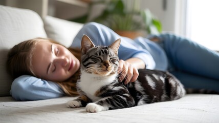 Tranquil Moments: A serene girl resting with cat on the couch embraces a moment of peaceful connection, surrounded by the cozy comfort of home.