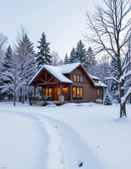 Cozy Winter Cabin Retreat: A Wooden House Nestled in a Snowy Landscape, Serene and Peaceful Ambience with Footprints in the Snow.
