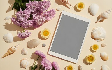Tablet with Floral and Seashell Accents: A modern tablet is artistically surrounded by vibrant purple flowers, delicate yellow blooms, and an array of smooth seashells.