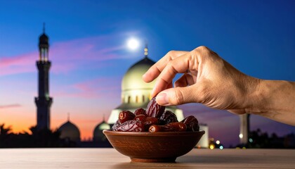 Ramadan Feast: A symbolic representation of the sacred month of Ramadan, with dates being held over a bowl against the backdrop of a mosque, and a crescent moon in the sky.