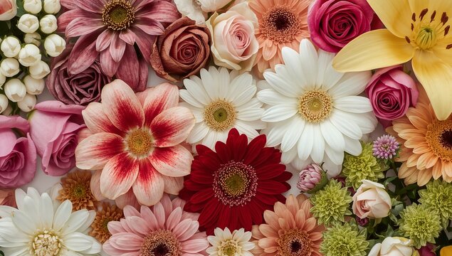 A vibrant array of colorful flowers creating a beautiful and intricate floral arrangement. Various types of blooms create a rich tapestry of colors and textures - Powered by Adobe