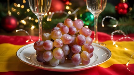 Festive Grapes and Sparkling Toast: A holiday still life, featuring a cluster of vibrant grapes on a decorative plate, flanked by shimmering champagne flutes.