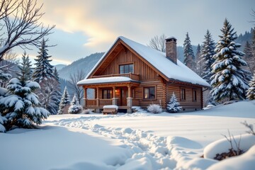 Cozy Winter Cabin: Snowy Holiday Home in a Peaceful Mountain Landscape with Rustic Charm and Tranquil Atmosphere