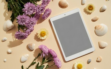 Digital Oasis: A serene arrangement, showcasing a tablet alongside delicate blooms and seashells, crafting a moment of tech integration with nature's beauty.