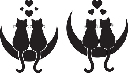 Couple of Cats Sitting Together on a Crescent Moon with Hearts Silhouette © FrajanaAI