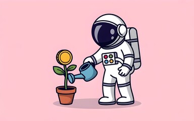 Astronaut Nurturing a Blooming Treasure: An astronaut tenderly waters a blossoming plant, its petals fashioned from golden coins, symbolizing the cultivation of wealth and financial growth