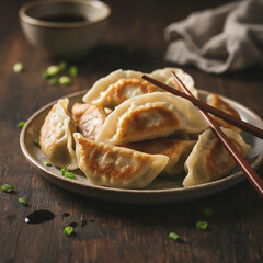Jiaozi Dumplings with Chopsticks on Rustic Table Food Close-Up