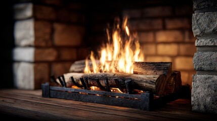 A fireplace with a log burning in it. The fire is orange and yellow, and the logs are stacked in a pile. The scene is cozy and warm, with the fire providing a sense of comfort and relaxation