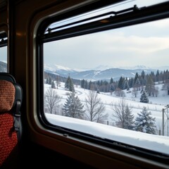 Serene Winter Wonderland: A Train Window View of Snow-Covered Mountains and Evergreen Forests, Captured in Soft Natural Light
