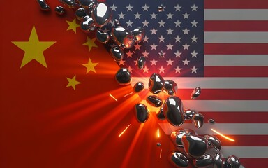 American Flag and Chinese Flag Concept: A striking image where the flags of China and America converge, symbolizing a complex global dynamic.