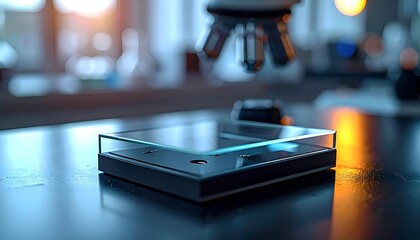 A close-up view of a microscope positioned over a glass slide on a laboratory table with soft lighting
