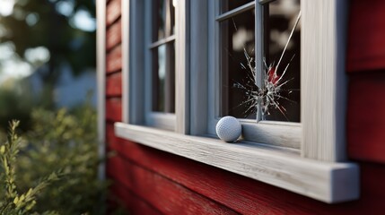 Fototapeta premium A golf ball is sitting on a window sill in front of a red house. The window is broken and the ball is stuck in the broken glass. The scene is dark and moody, with the broken window