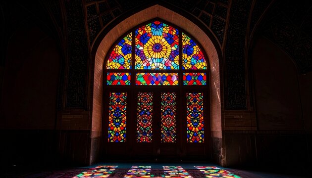 Majestic Orsi stained glass window illuminating the interior of a historic Persian mosque with vibrant light and colorful geometric patterns