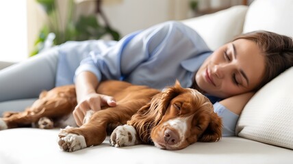 Tranquil Nap Time: A moment of peace captured as a person and their canine companion share a restful nap, embracing each other in a heartwarming display of affection.